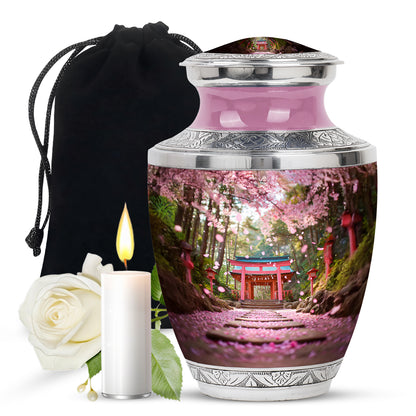 Coral Pink Cherry Blossom Cremation Urn side profile showing urn shape - contemporary cherry blossom design with modern artistic flair - full-size 10 inch 200 cubic inch adult cremation urn