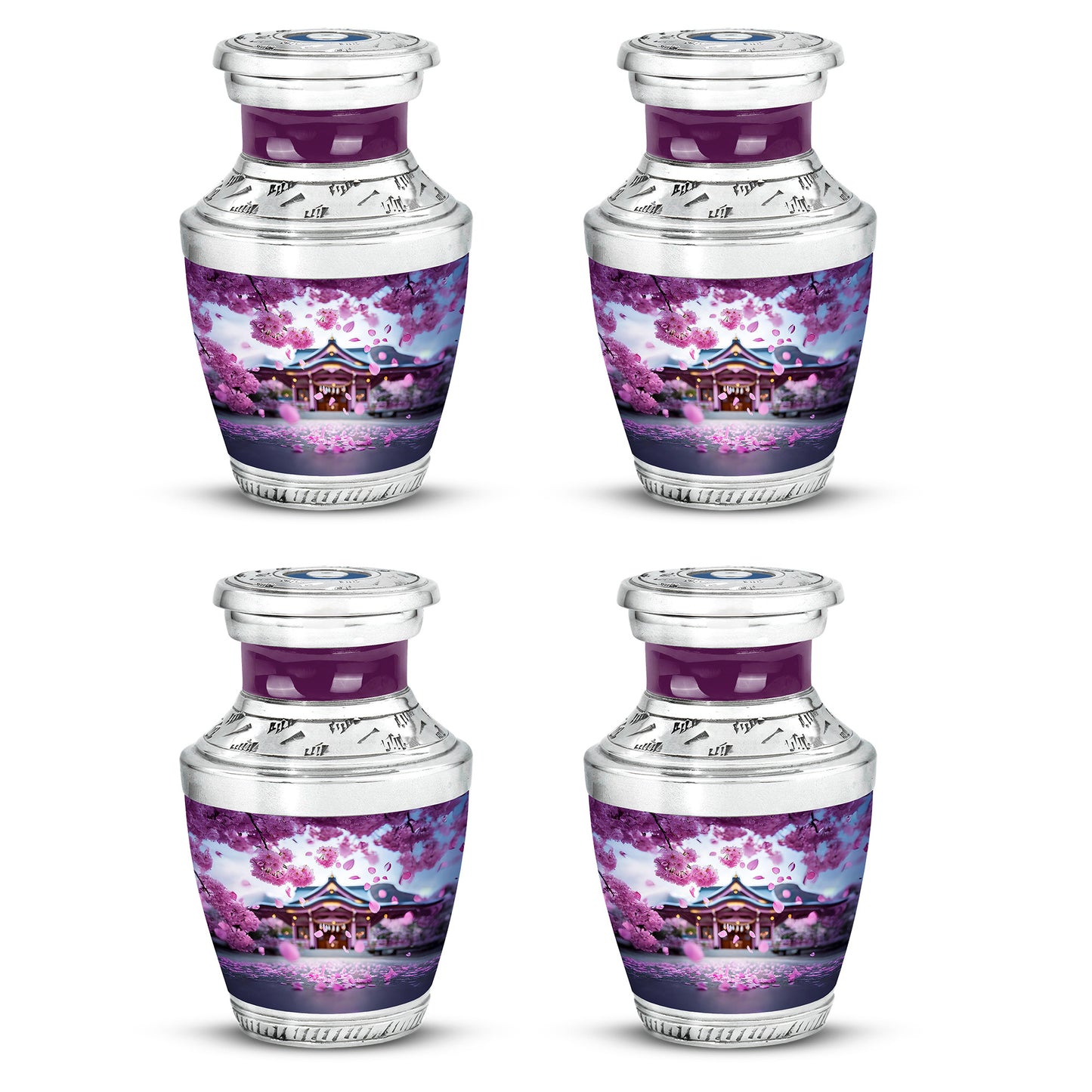 Rose Pink Cherry Blossom Cremation Urn back view with polished surface - modern art-inspired cherry blossom motif on sleek aluminum - 10 inch aluminum urn for cremated remains