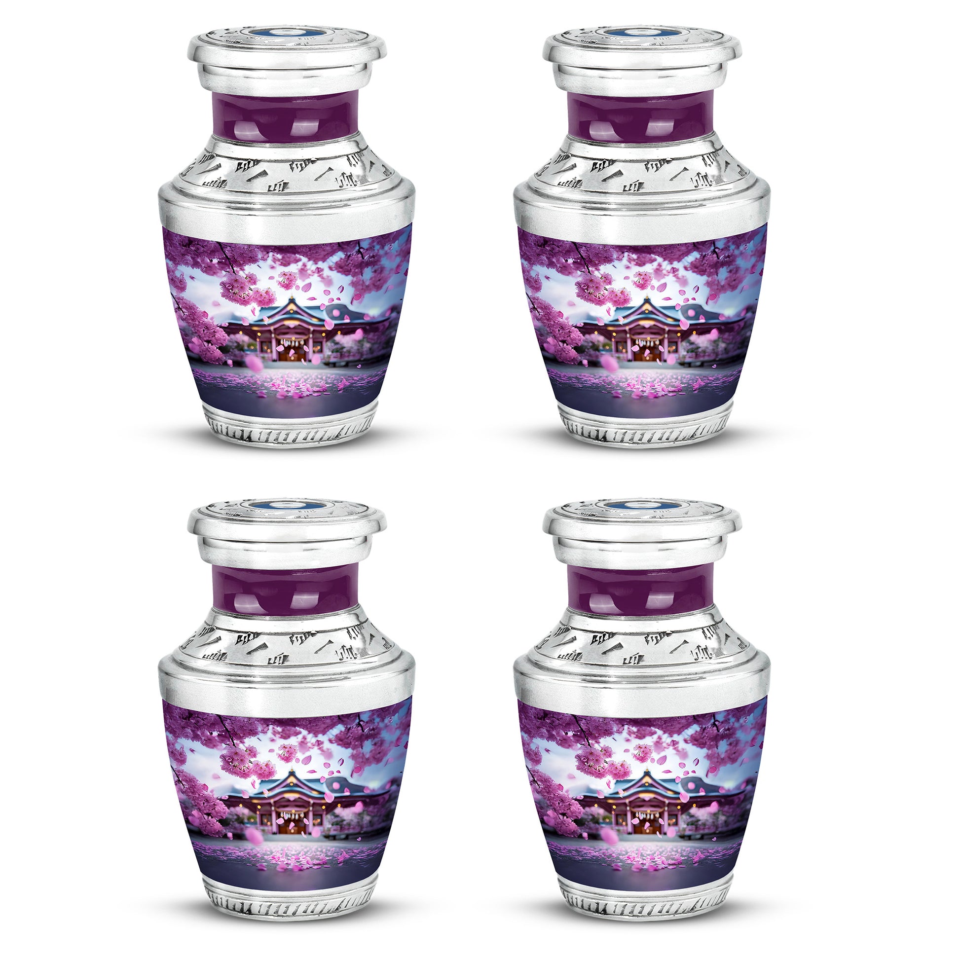 Rose Pink Cherry Blossom Cremation Urn back view with polished surface - modern art-inspired cherry blossom motif on sleek aluminum - 10 inch aluminum urn for cremated remains
