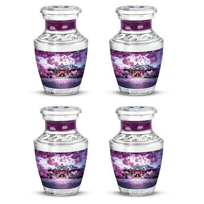 Rose Pink Cherry Blossom Cremation Urn back view with polished surface - modern art-inspired cherry blossom motif on sleek aluminum - 10 inch aluminum urn for cremated remains