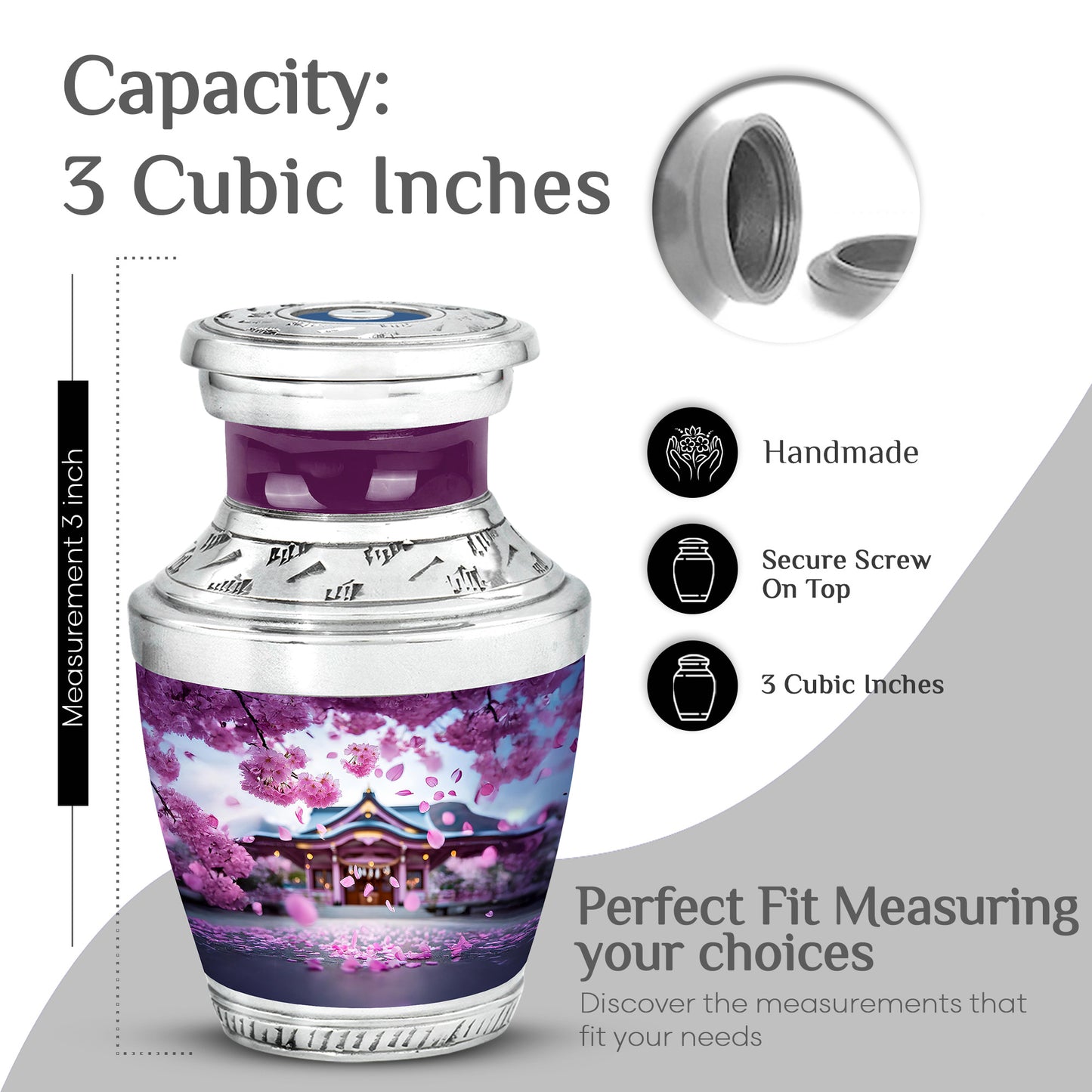 Dusty Pink Cherry Blossom Cremation Urn top-down view of secure threaded lid - artistic cherry blossom interpretation with creative detail - mini keepsake memorial for portion of cremation ashes