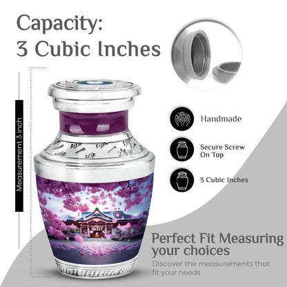 Dusty Pink Cherry Blossom Cremation Urn top-down view of secure threaded lid - artistic cherry blossom interpretation with creative detail - mini keepsake memorial for portion of cremation ashes