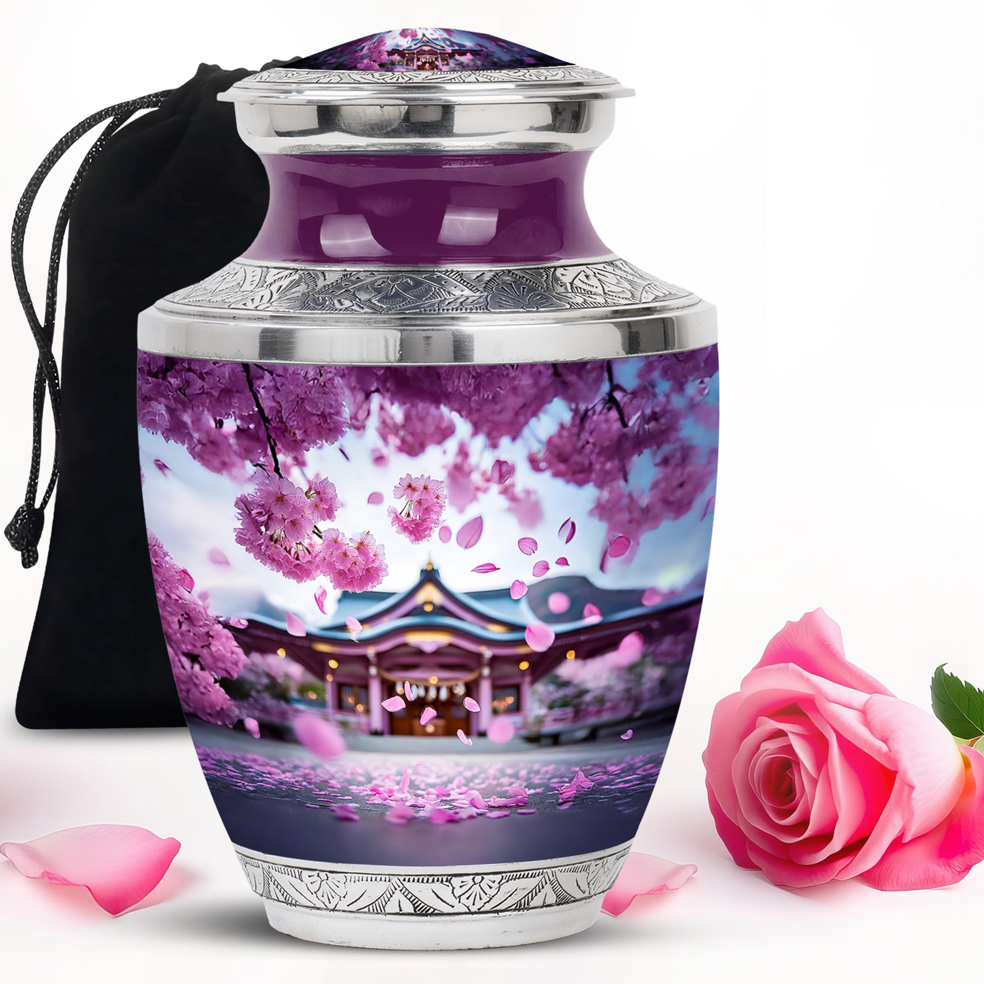 Coral Pink Cherry Blossom Cremation Urn side profile showing urn shape - modern art-inspired cherry blossom motif on sleek aluminum - full-size 10 inch 200 cubic inch adult cremation urn
