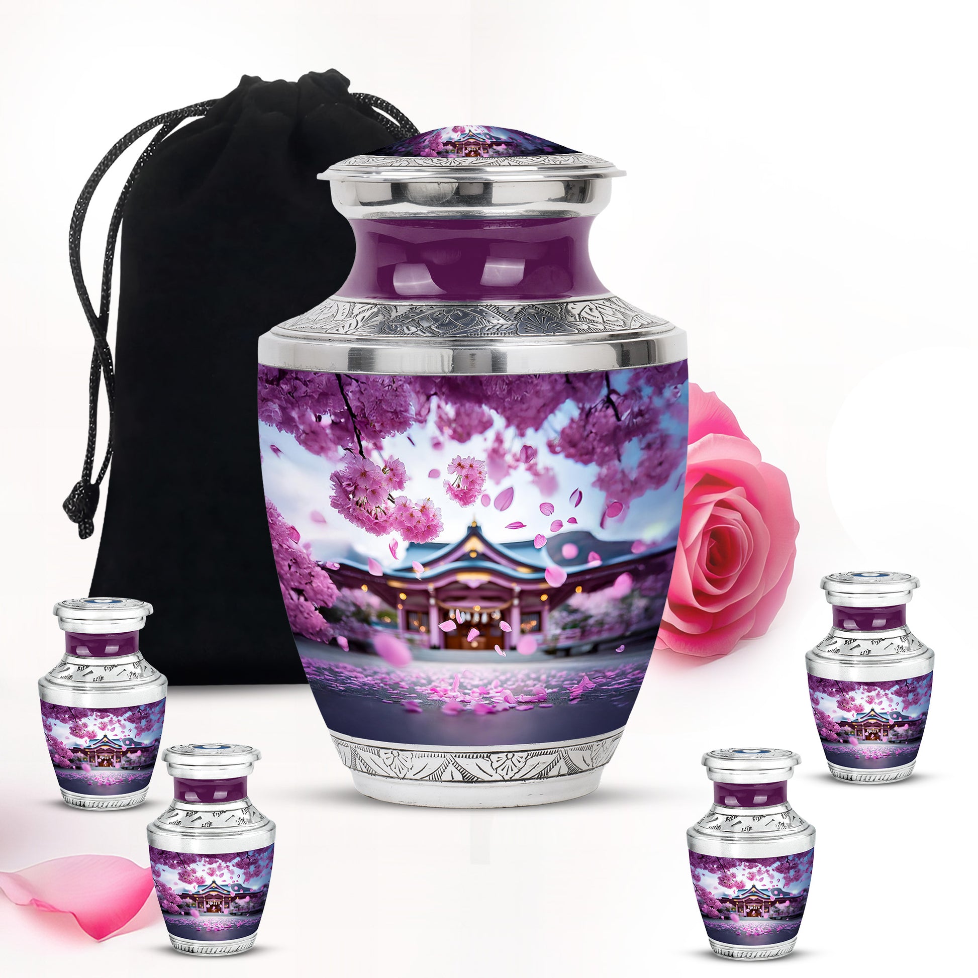 Blush Pink Cherry Blossom Cremation Urn lifestyle display on memorial shelf - contemporary cherry blossom design with modern artistic flair - memorial set with one large and four small urns