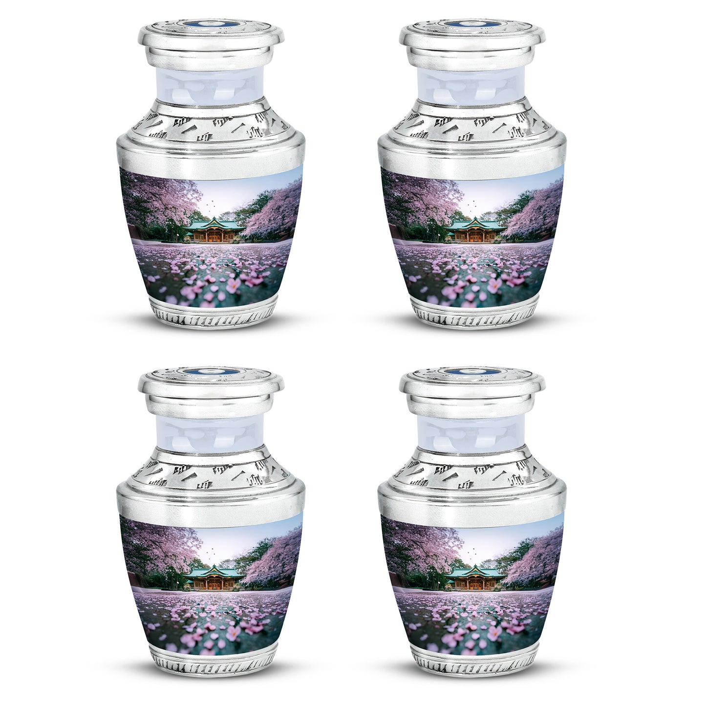 Alabaster White Cherry Blossom Cremation Urn back view with polished surface - modern art-inspired cherry blossom motif on sleek aluminum - 10 inch aluminum urn for cremated remains