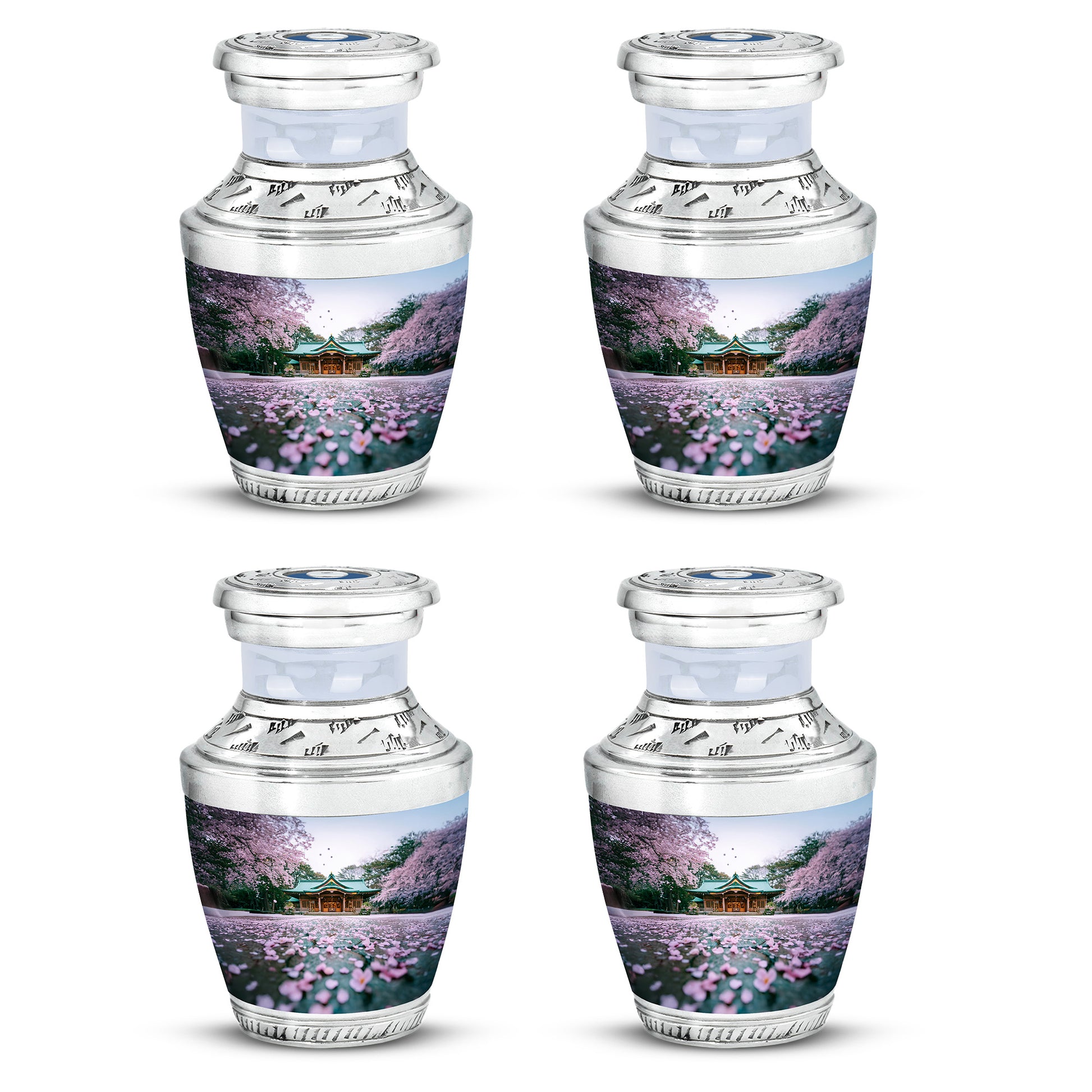 Alabaster White Cherry Blossom Cremation Urn back view with polished surface - modern art-inspired cherry blossom motif on sleek aluminum - 10 inch aluminum urn for cremated remains