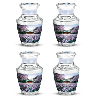 Alabaster White Cherry Blossom Cremation Urn back view with polished surface - modern art-inspired cherry blossom motif on sleek aluminum - 10 inch aluminum urn for cremated remains