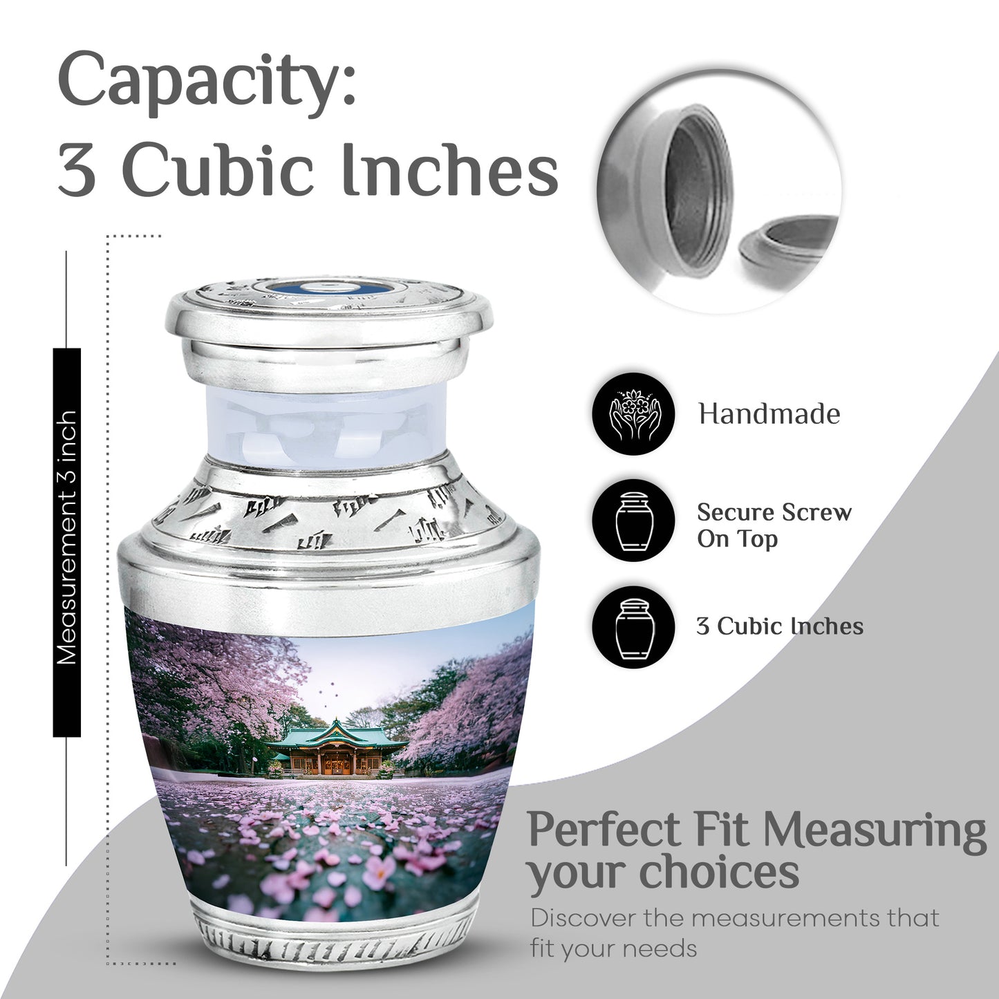 Ivory White Cherry Blossom Cremation Urn top-down view of secure threaded lid - modern art-inspired cherry blossom motif on sleek aluminum - mini keepsake memorial for portion of cremation ashes