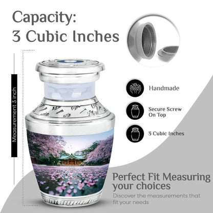 Ivory White Cherry Blossom Cremation Urn top-down view of secure threaded lid - modern art-inspired cherry blossom motif on sleek aluminum - mini keepsake memorial for portion of cremation ashes