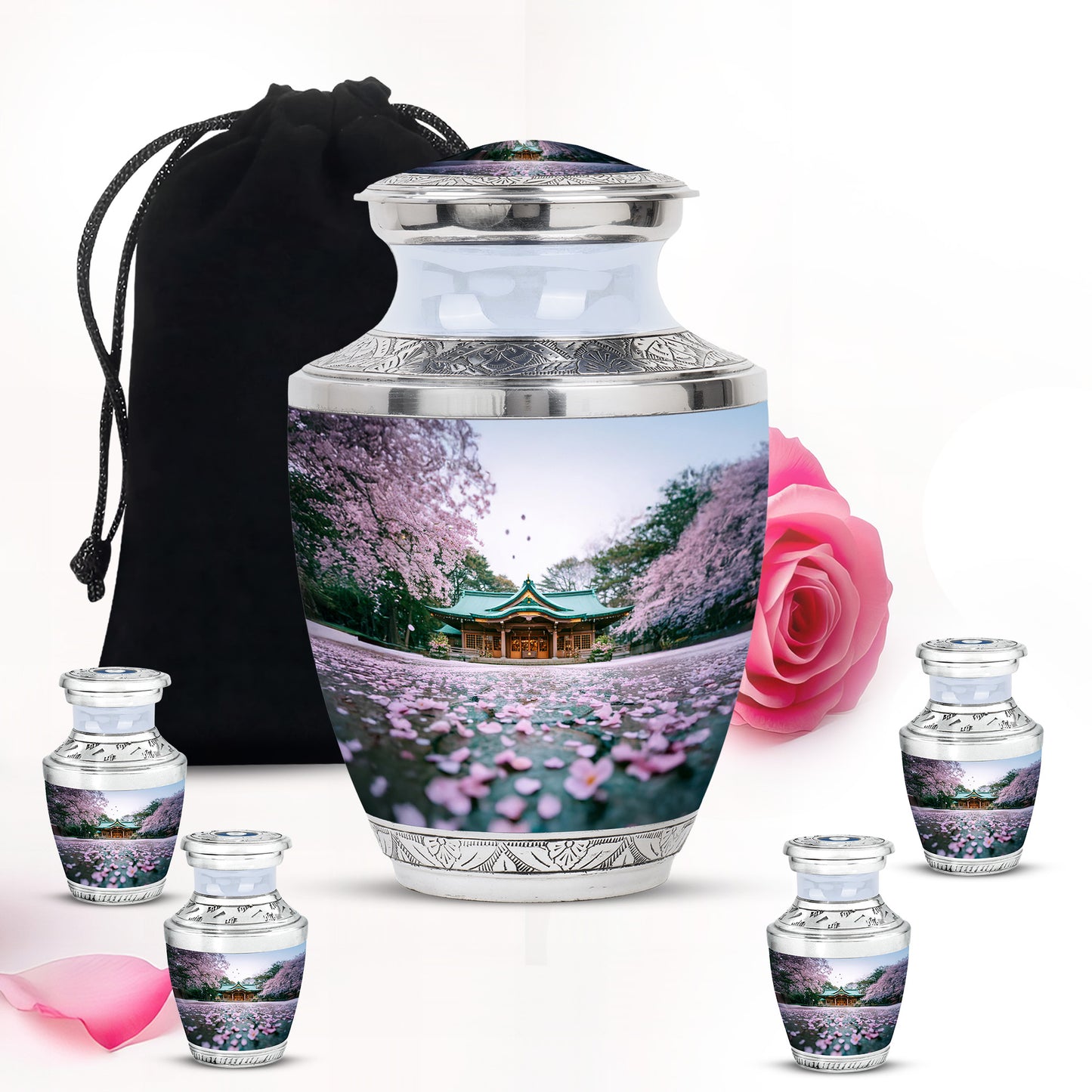 Ivory White Cherry Blossom Cremation Urn lifestyle display on memorial shelf - modern art-inspired cherry blossom motif on sleek aluminum - memorial set with one large and four small urns