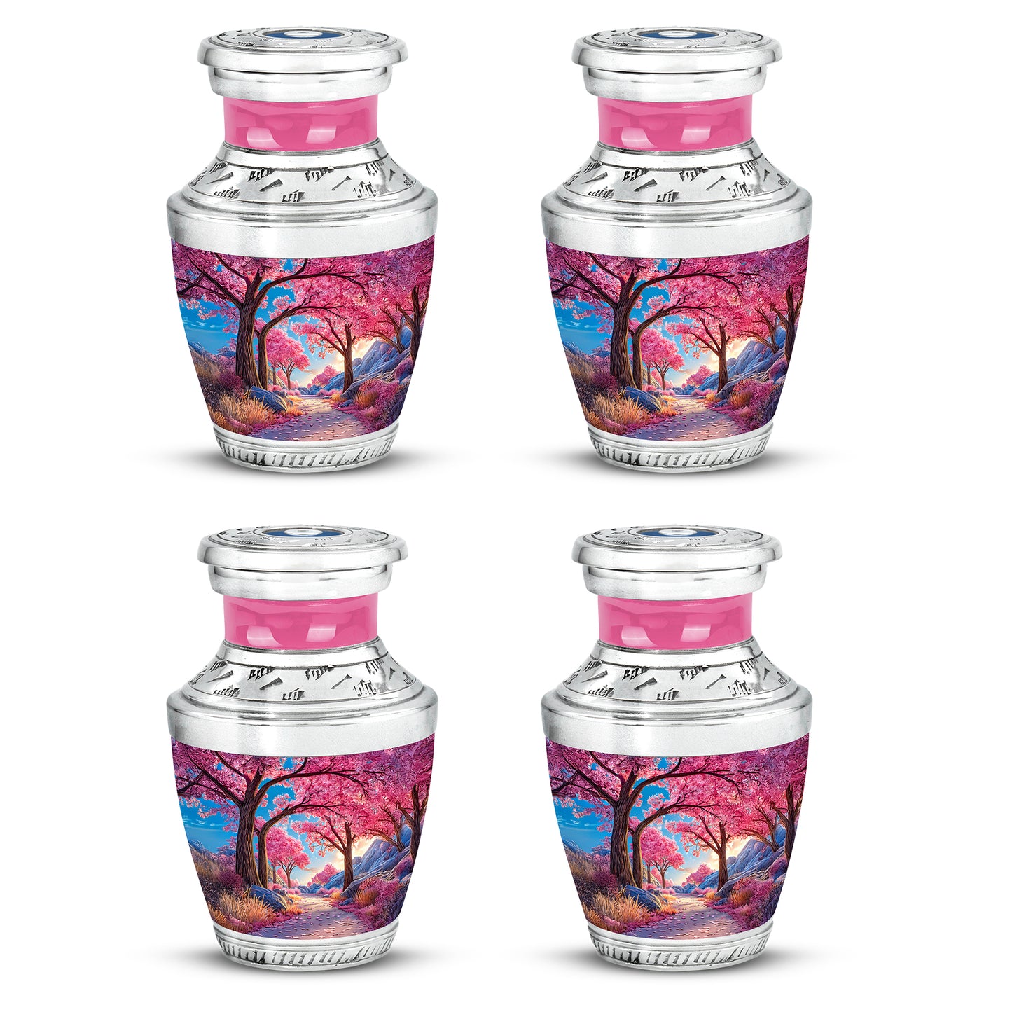 Navy Blue Cherry Blossom Cremation Urn back view with polished surface - contemporary cherry blossom design with modern artistic flair - 10 inch aluminum urn for cremated remains
