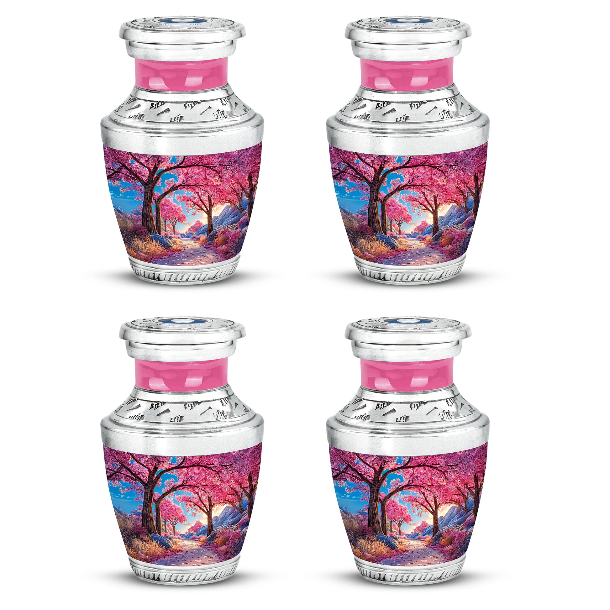 Navy Blue Cherry Blossom Cremation Urn back view with polished surface - contemporary cherry blossom design with modern artistic flair - 10 inch aluminum urn for cremated remains