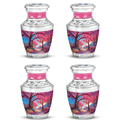 Navy Blue Cherry Blossom Cremation Urn back view with polished surface - contemporary cherry blossom design with modern artistic flair - 10 inch aluminum urn for cremated remains