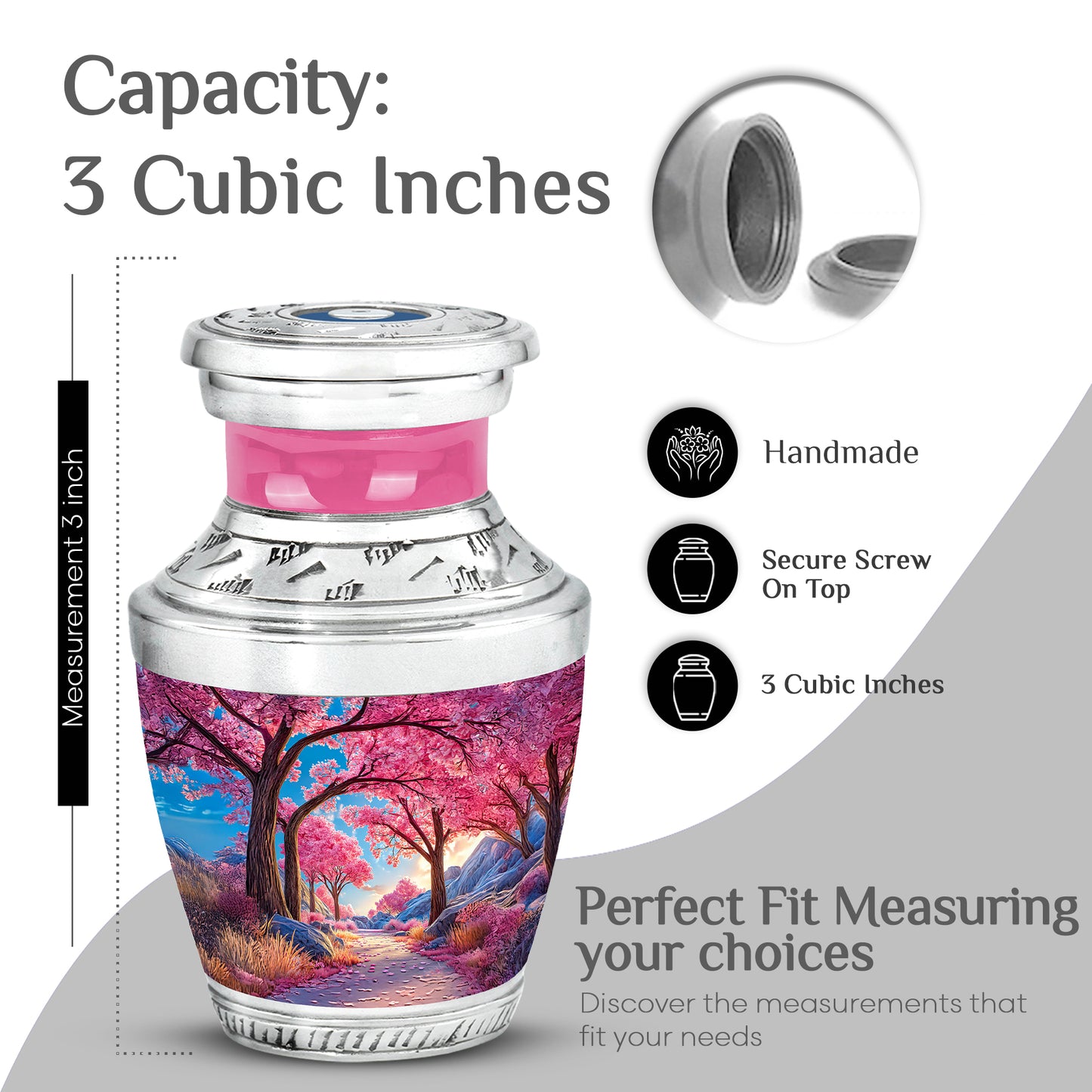 Slate Blue Cherry Blossom Cremation Urn top-down view of secure threaded lid - modern art-inspired cherry blossom motif on sleek aluminum - mini keepsake memorial for portion of cremation ashes