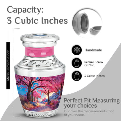 Slate Blue Cherry Blossom Cremation Urn top-down view of secure threaded lid - modern art-inspired cherry blossom motif on sleek aluminum - mini keepsake memorial for portion of cremation ashes