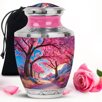 Indigo Cherry Blossom Cremation Urn side profile showing urn shape - modern art-inspired cherry blossom motif on sleek aluminum - full-size 10 inch 200 cubic inch adult cremation urn
