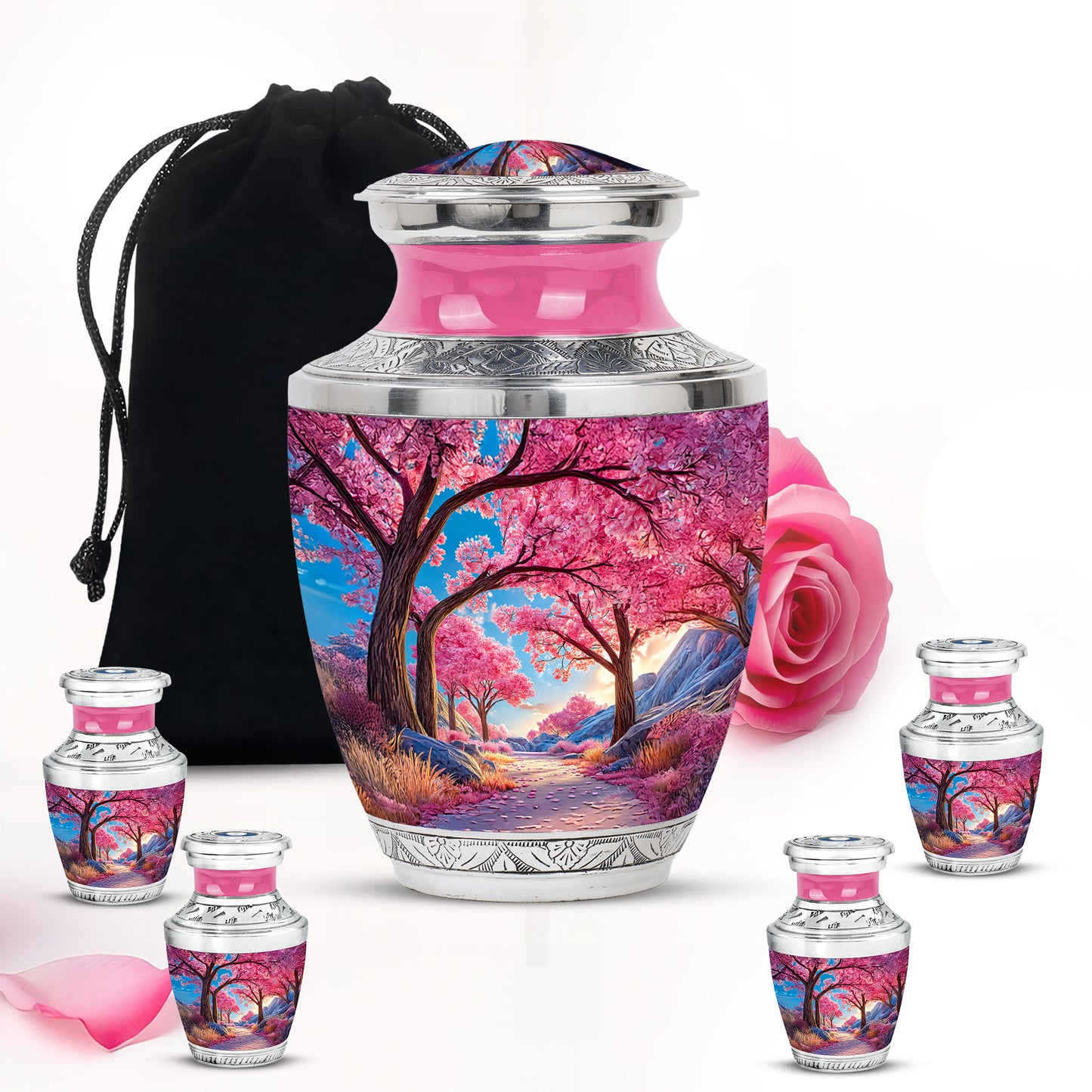 Serene Blue Cherry Blossom Cremation Urn lifestyle display on memorial shelf - artistic cherry blossom interpretation with creative detail - memorial set with one large and four small urns