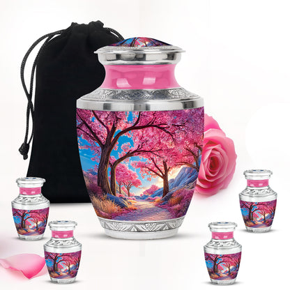Serene Blue Cherry Blossom Cremation Urn lifestyle display on memorial shelf - artistic cherry blossom interpretation with creative detail - memorial set with one large and four small urns