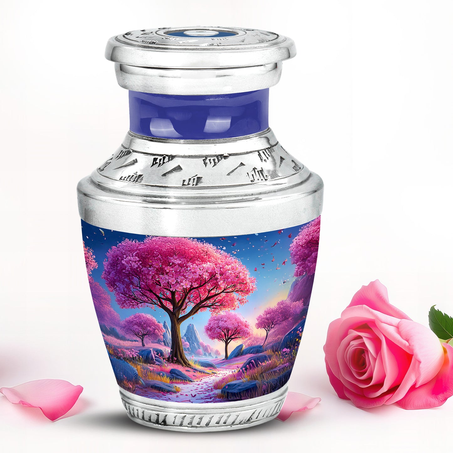 Timeless Blue Cherry Blossom Cremation Urn for Ashes - 10-inch, 200 cu in - Yatskia