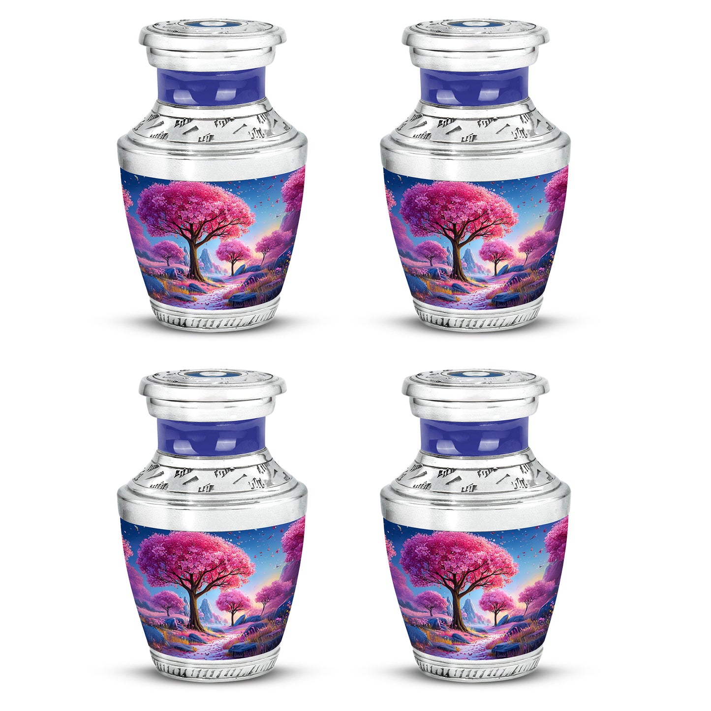 Powder Blue Cherry Blossom Cremation Urn back view with polished surface - modern art-inspired cherry blossom motif on sleek aluminum - 10 inch aluminum urn for cremated remains