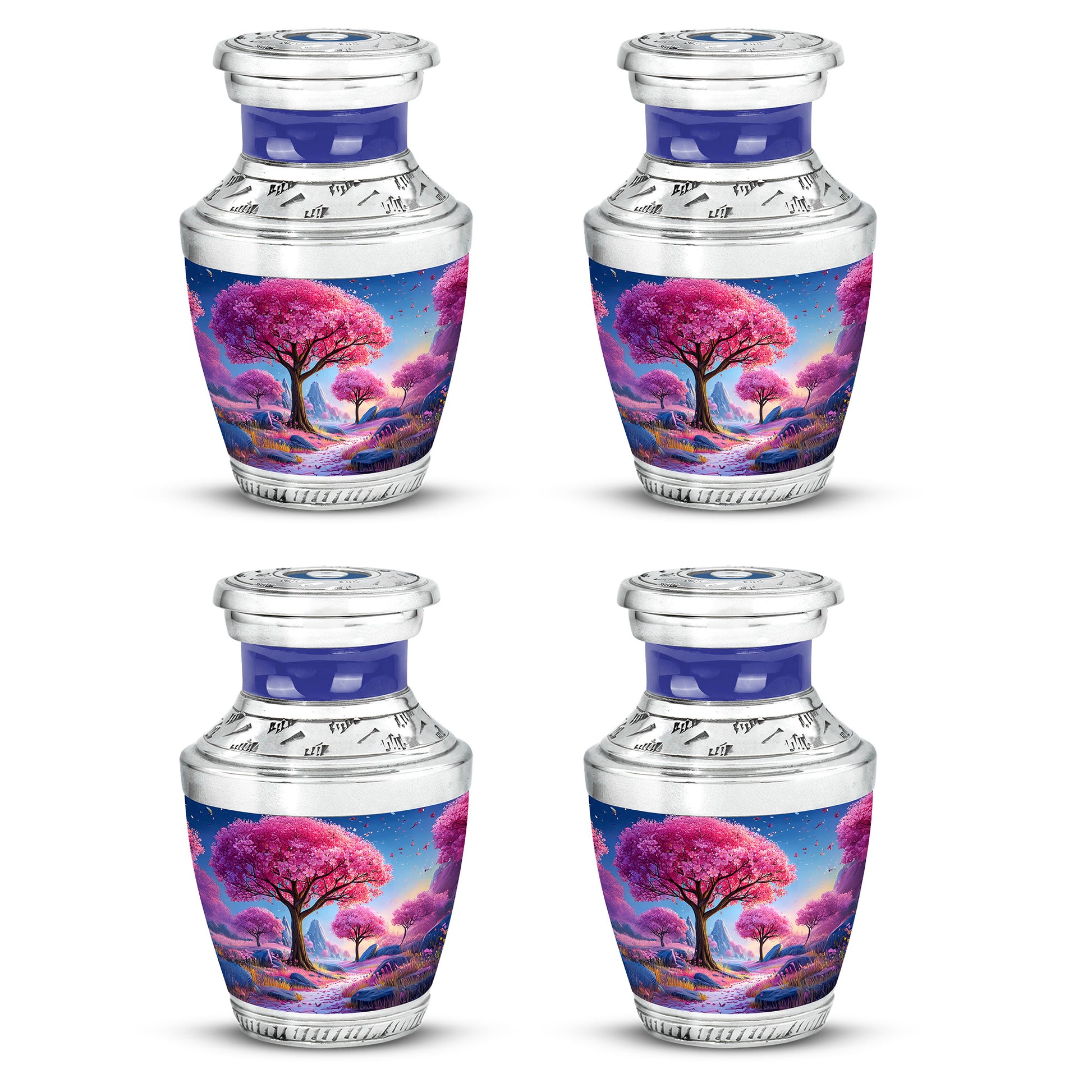 Powder Blue Cherry Blossom Cremation Urn back view with polished surface - modern art-inspired cherry blossom motif on sleek aluminum - 10 inch aluminum urn for cremated remains