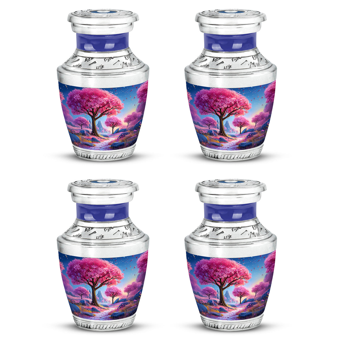 Powder Blue Cherry Blossom Cremation Urn back view with polished surface - modern art-inspired cherry blossom motif on sleek aluminum - 10 inch aluminum urn for cremated remains