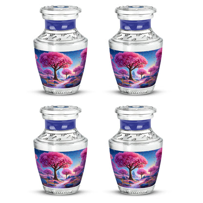 Powder Blue Cherry Blossom Cremation Urn back view with polished surface - modern art-inspired cherry blossom motif on sleek aluminum - 10 inch aluminum urn for cremated remains