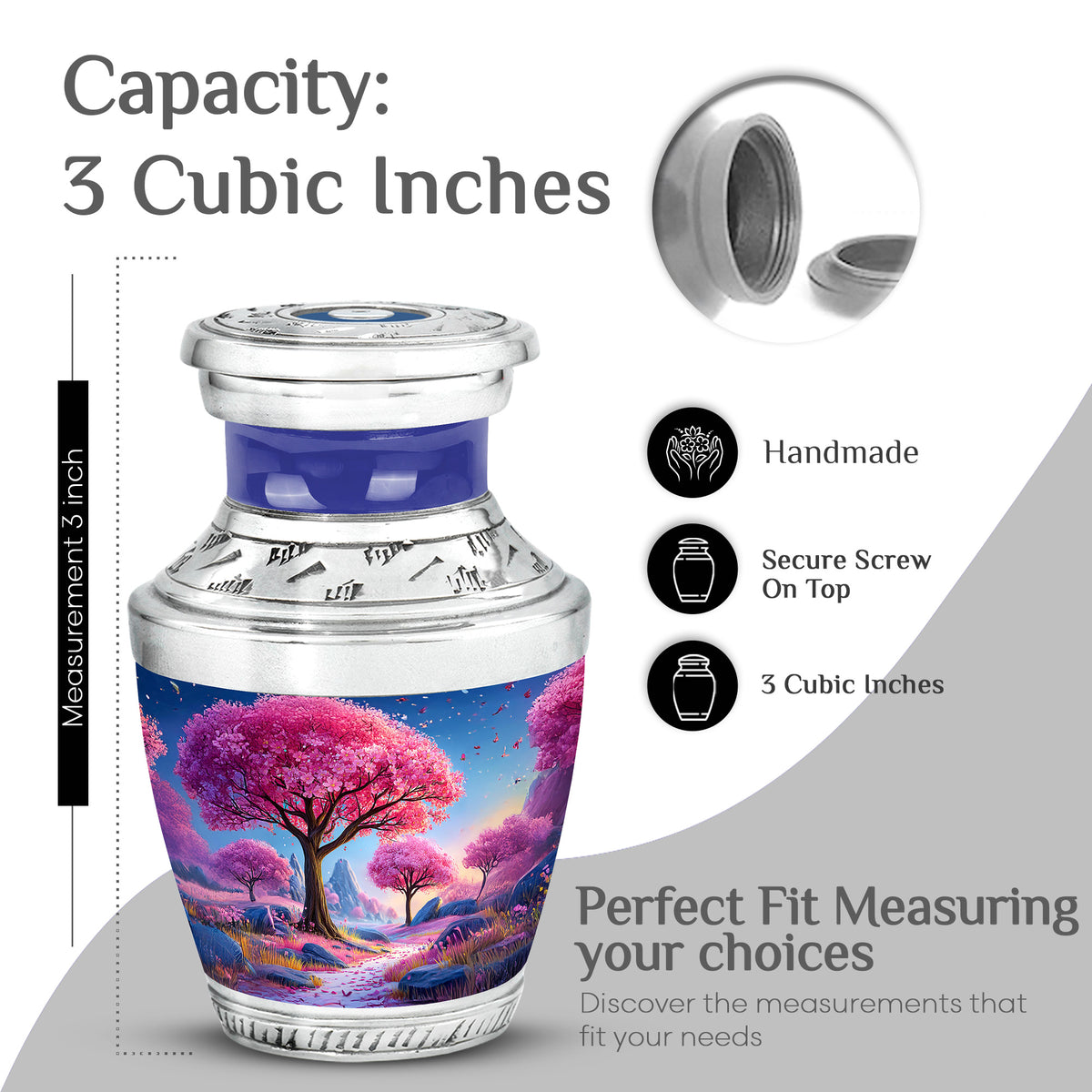 Soft Blue Cherry Blossom Cremation Urn top-down view of secure threaded lid - artistic cherry blossom interpretation with creative detail - mini keepsake memorial for portion of cremation ashes