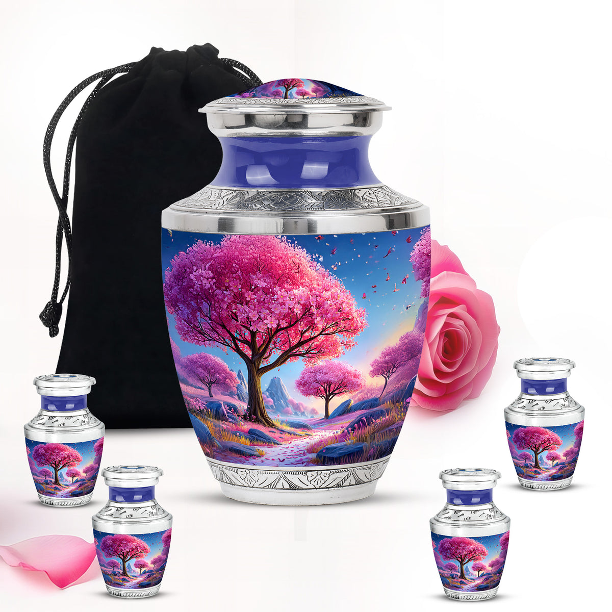 Azure Cherry Blossom Cremation Urn lifestyle display on memorial shelf - modern art-inspired cherry blossom motif on sleek aluminum - memorial set with one large and four small urns