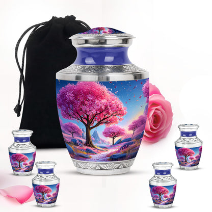 Azure Cherry Blossom Cremation Urn lifestyle display on memorial shelf - modern art-inspired cherry blossom motif on sleek aluminum - memorial set with one large and four small urns
