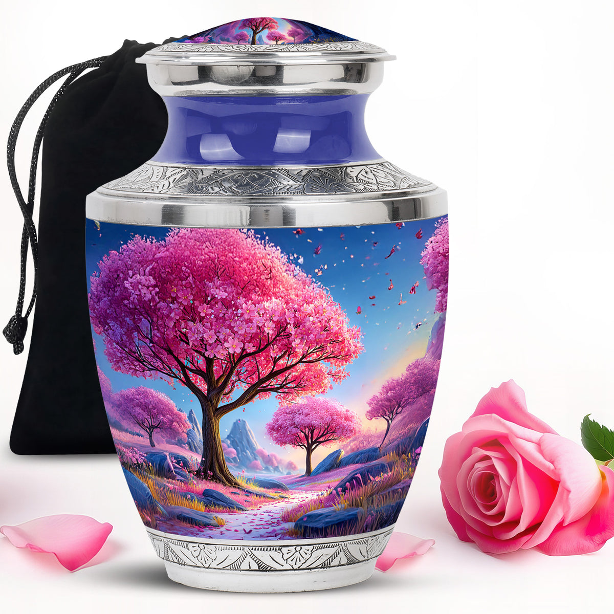 Cobalt Blue Cherry Blossom Cremation Urn side profile showing urn shape - artistic cherry blossom interpretation with creative detail - full-size 10 inch 200 cubic inch adult cremation urn