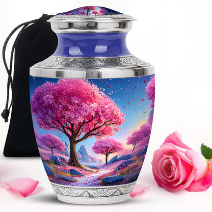 Cobalt Blue Cherry Blossom Cremation Urn side profile showing urn shape - artistic cherry blossom interpretation with creative detail - full-size 10 inch 200 cubic inch adult cremation urn