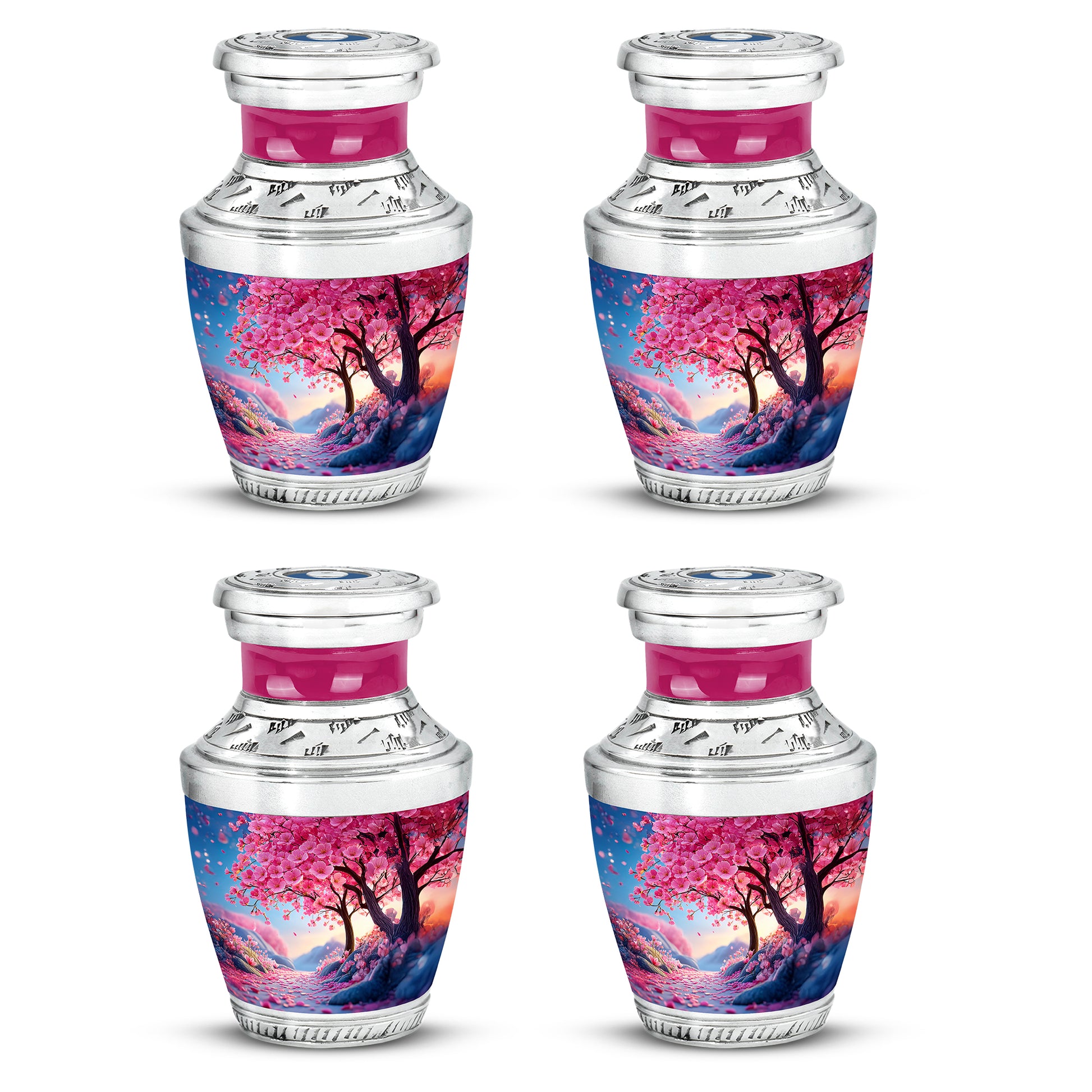 Peony Pink Cherry Blossom Cremation Urn back view with polished surface - modern art-inspired cherry blossom motif on sleek aluminum - 10 inch aluminum urn for cremated remains