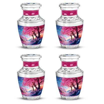 Peony Pink Cherry Blossom Cremation Urn back view with polished surface - modern art-inspired cherry blossom motif on sleek aluminum - 10 inch aluminum urn for cremated remains