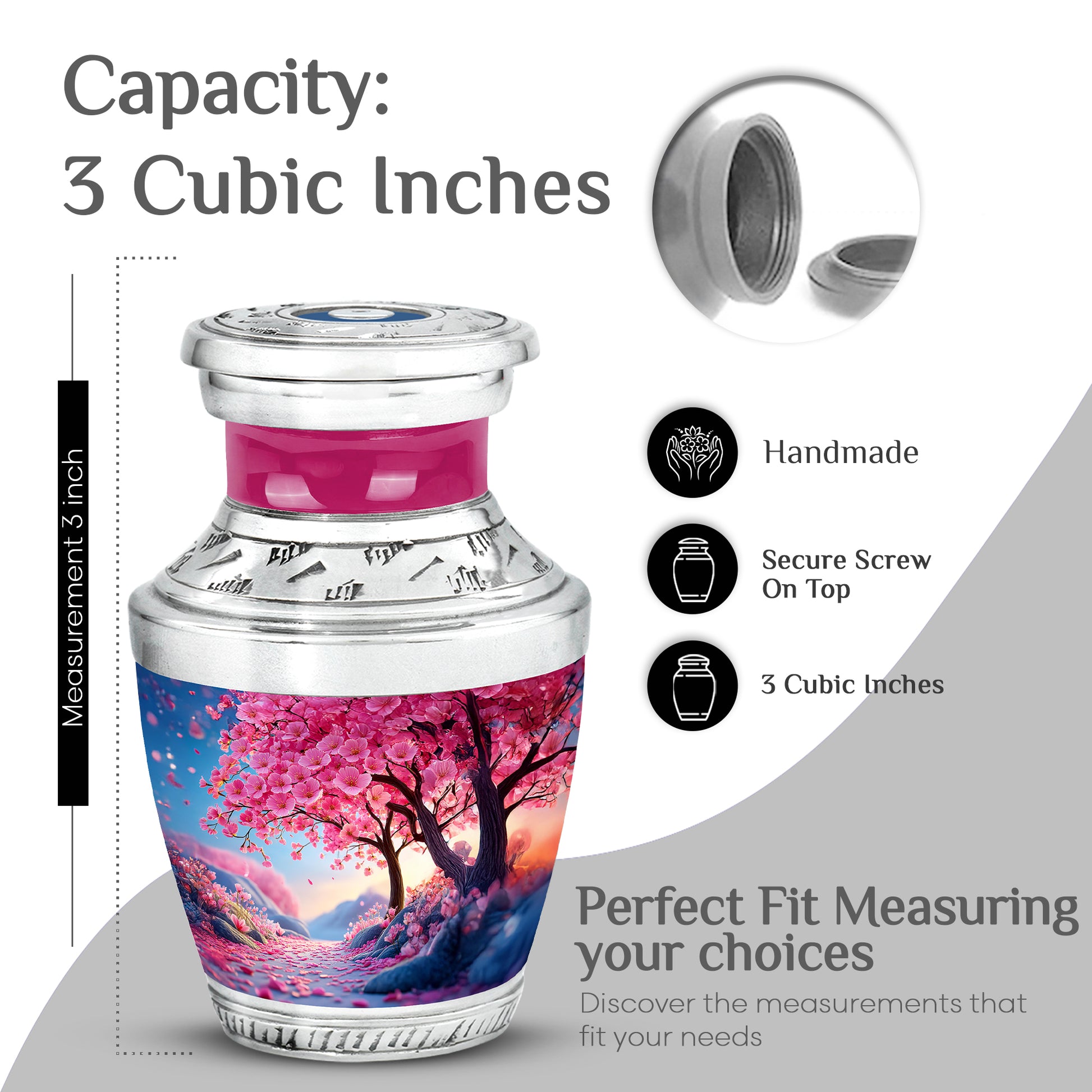 Petal Pink Cherry Blossom Cremation Urn top-down view of secure threaded lid - stylized abstract cherry blossom pattern with bold lines - mini keepsake memorial for portion of cremation ashes