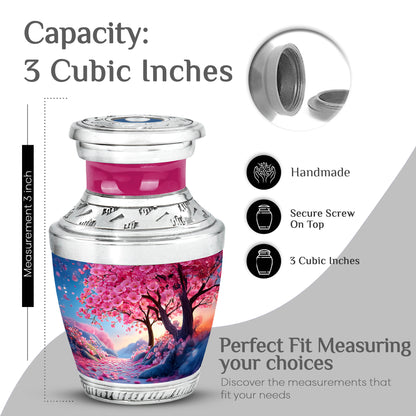 Petal Pink Cherry Blossom Cremation Urn top-down view of secure threaded lid - stylized abstract cherry blossom pattern with bold lines - mini keepsake memorial for portion of cremation ashes