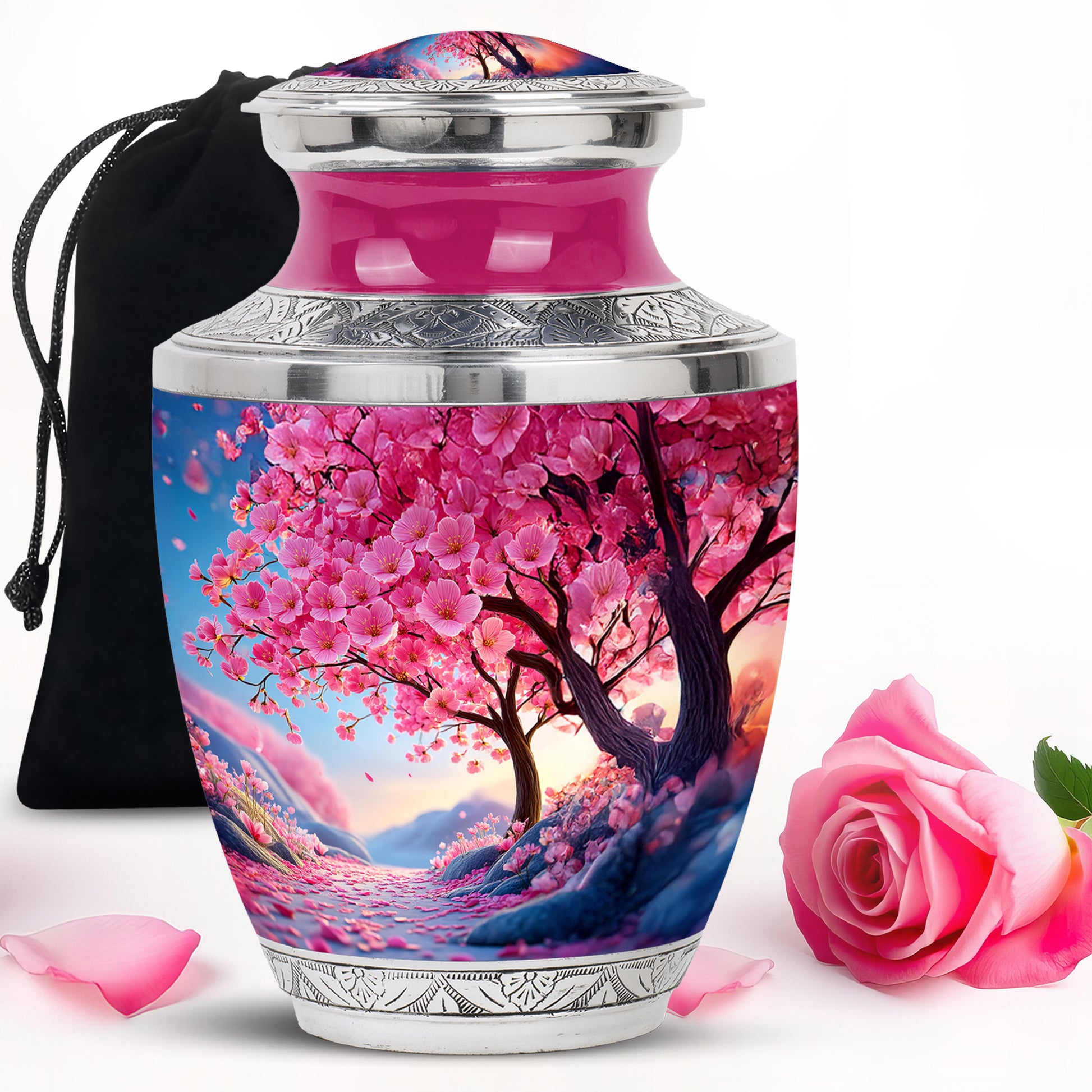 Salmon Pink Cherry Blossom Cremation Urn side profile showing urn shape - stylized abstract cherry blossom pattern with bold lines - full-size 10 inch 200 cubic inch adult cremation urn