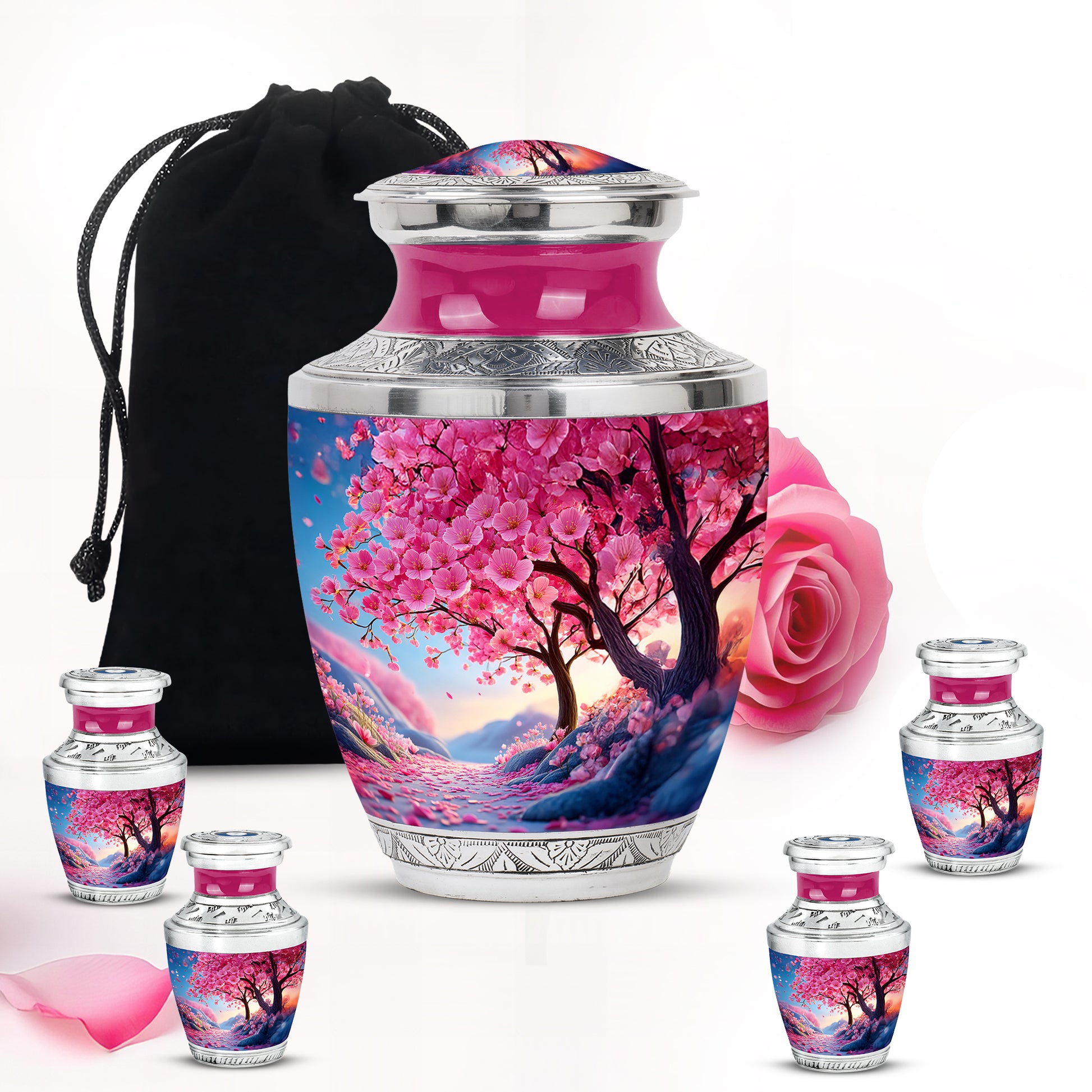Pastel Pink Cherry Blossom Cremation Urn lifestyle display on memorial shelf - contemporary cherry blossom design with modern artistic flair - memorial set with one large and four small urns