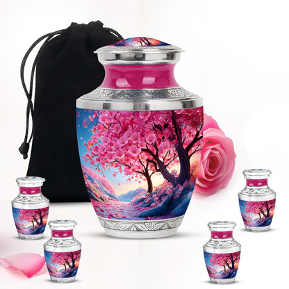 Pastel Pink Cherry Blossom Cremation Urn lifestyle display on memorial shelf - contemporary cherry blossom design with modern artistic flair - memorial set with one large and four small urns