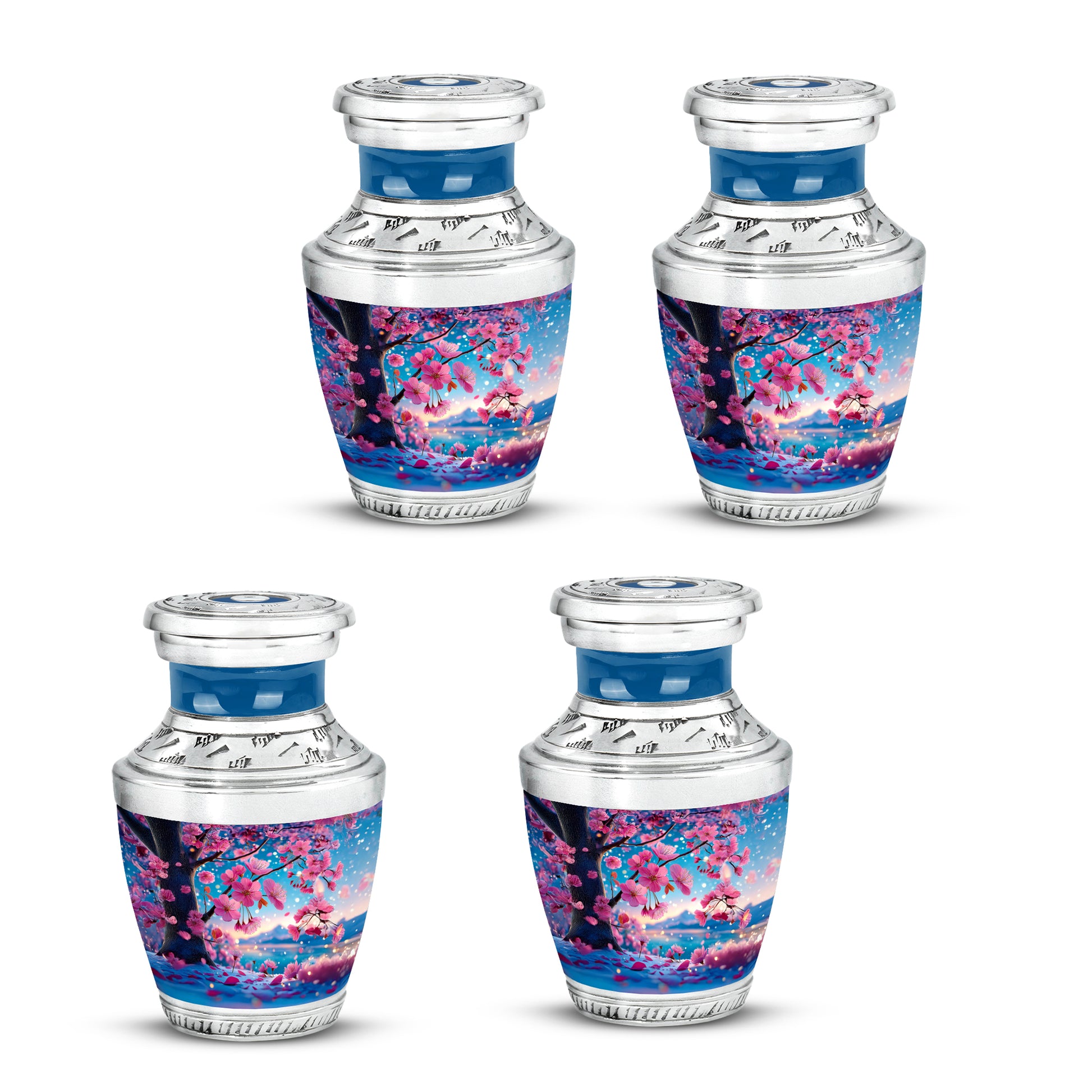 Tropical Teal Cherry Blossom Cremation Urn back view with polished surface - artistic cherry blossom interpretation with creative detail - 10 inch aluminum urn for cremated remains