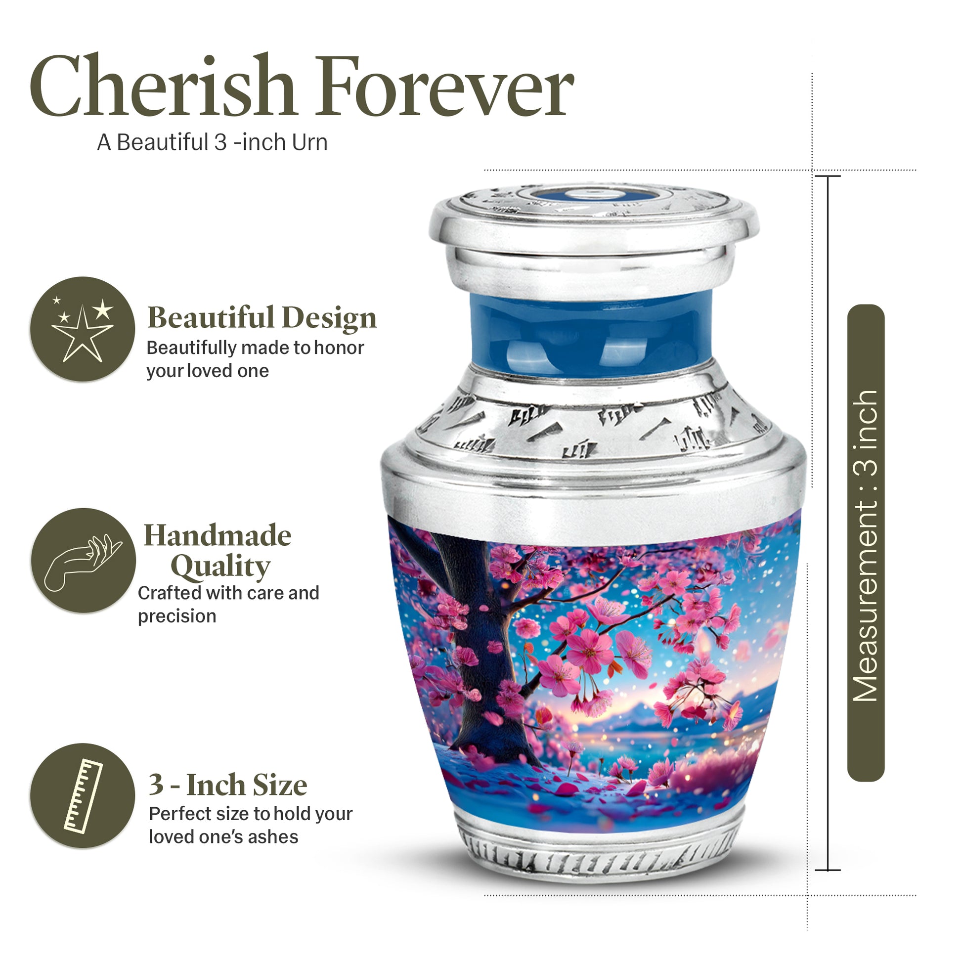 Tropical Teal Cherry Blossom Cremation Urn top-down view of secure threaded lid - stylized abstract cherry blossom pattern with bold lines - mini keepsake memorial for portion of cremation ashes