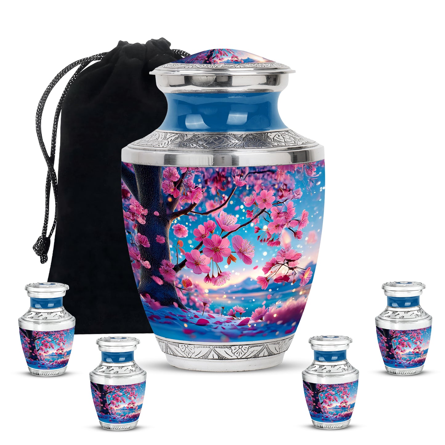 Cool Teal Cherry Blossom Cremation Urn lifestyle display on memorial shelf - contemporary cherry blossom design with modern artistic flair - memorial set with one large and four small urns