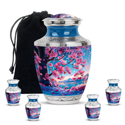 Cool Teal Cherry Blossom Cremation Urn lifestyle display on memorial shelf - contemporary cherry blossom design with modern artistic flair - memorial set with one large and four small urns