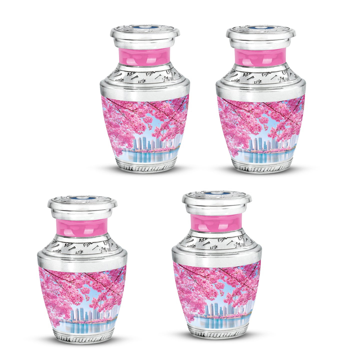 Cornflower Blue Cherry Blossom Cremation Urn back view with polished surface - artistic cherry blossom interpretation with creative detail - 10 inch aluminum urn for cremated remains