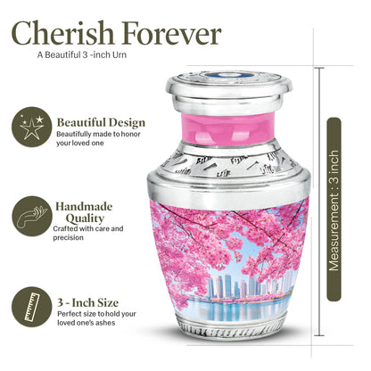 Bright Blue Cherry Blossom Cremation Urn top-down view of secure threaded lid - artistic cherry blossom interpretation with creative detail - mini keepsake memorial for portion of cremation ashes