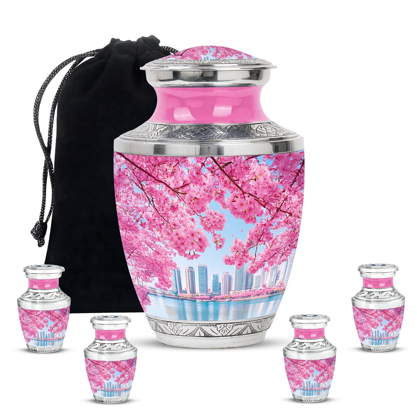 Pastel Blue Cherry Blossom Cremation Urn lifestyle display on memorial shelf - modern art-inspired cherry blossom motif on sleek aluminum - memorial set with one large and four small urns