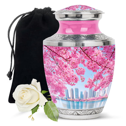 Steel Blue Cherry Blossom Cremation Urn side profile showing urn shape - artistic cherry blossom interpretation with creative detail - full-size 10 inch 200 cubic inch adult cremation urn