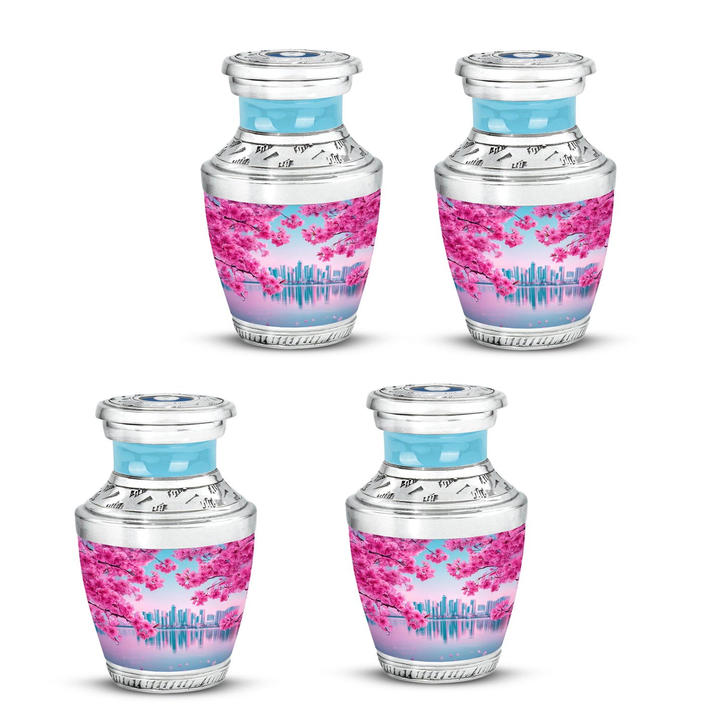 Soft Teal Cherry Blossom Cremation Urn back view with polished surface - modern art-inspired cherry blossom motif on sleek aluminum - 10 inch aluminum urn for cremated remains