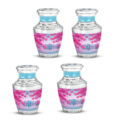 Soft Teal Cherry Blossom Cremation Urn back view with polished surface - modern art-inspired cherry blossom motif on sleek aluminum - 10 inch aluminum urn for cremated remains