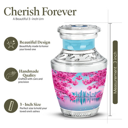 Jewel Teal Cherry Blossom Cremation Urn top-down view of secure threaded lid - modern art-inspired cherry blossom motif on sleek aluminum - mini keepsake memorial for portion of cremation ashes